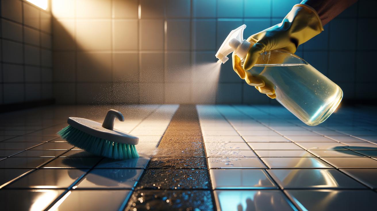 Illustration of spraying white vinegar onto dirty bathroom tile grout and scrubbing with a soft brush to reveal clean tiles in two minutes