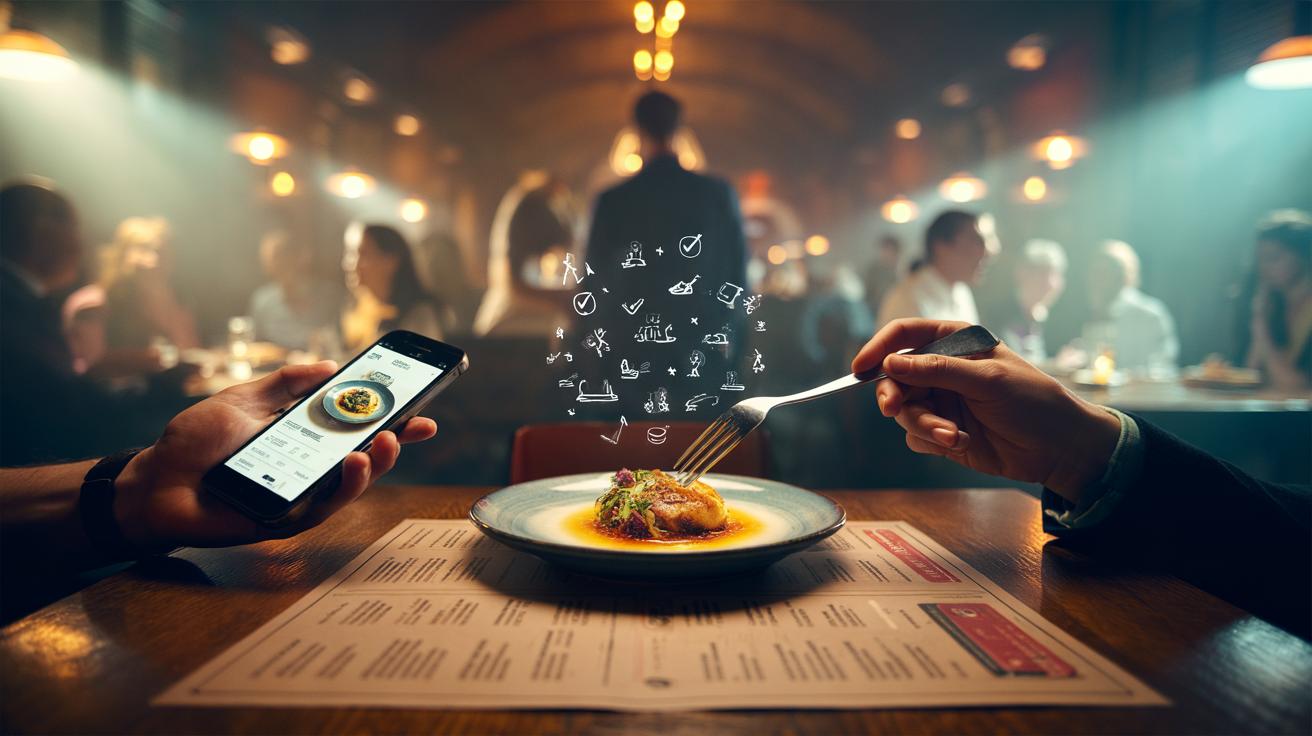 Illustration of social proof cues on restaurant menus and food delivery apps instantly shaping dinner choices
