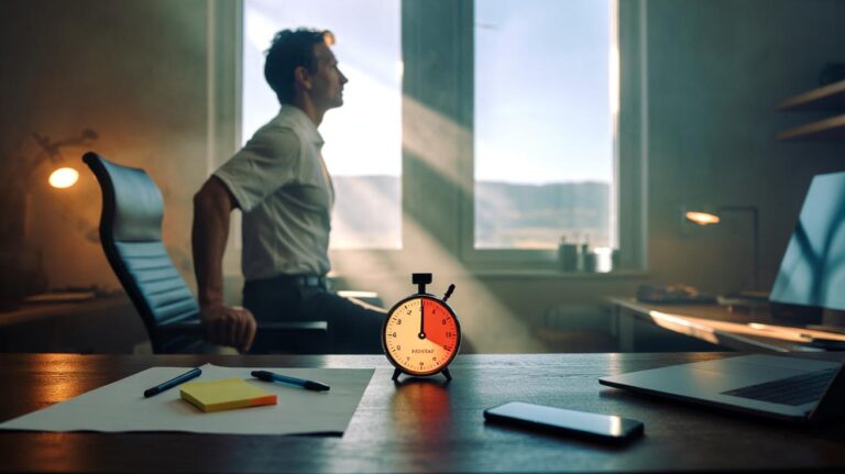 Illustration of a professional applying a two-minute pattern interruption to boost focus: standing from a chair, gazing out a window, noting one next action, and setting a timer