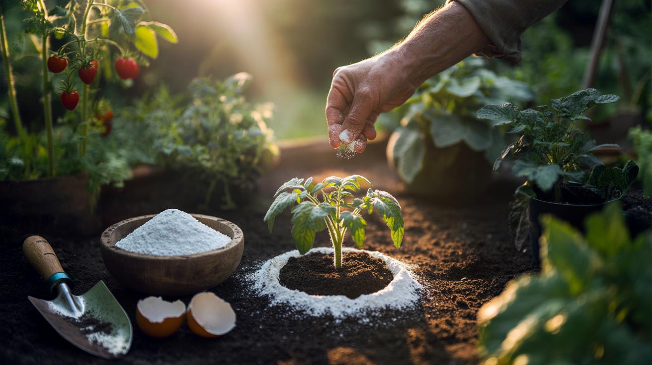Illustration of an eggshell-derived bio-stimulant (Eggshellear) being applied to garden soil around young plants to provide bioavailable calcium, gentle pH buffering, and microbial support