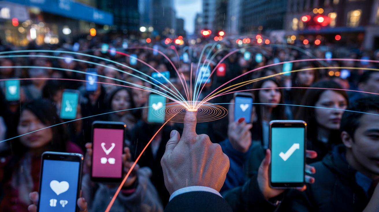 Illustration of social proof rapidly coordinating online communities through visible metrics, endorsements, and trending labels across major platforms