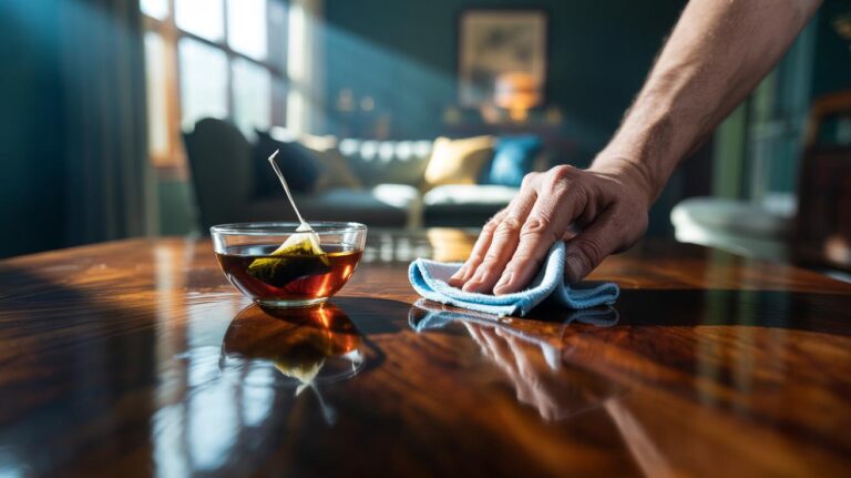 Illustration of a hand polishing wooden furniture with a barely damp cloth and a cooled black tea infusion made from a tea bag