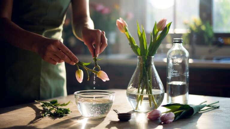 Illustration of a person applying a diluted white vinegar glaze to freshly recut flower stems before placing them in a clean glass vase