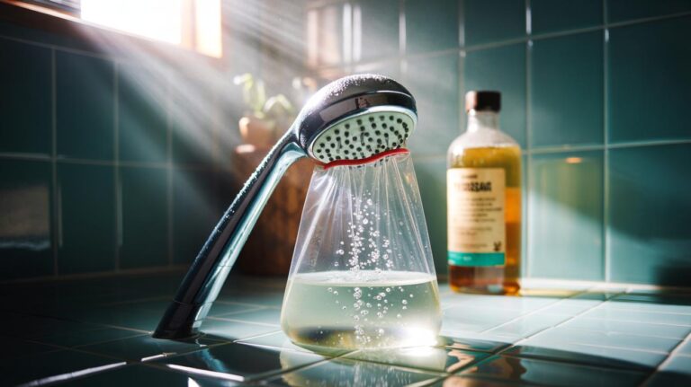Illustration of a shower head submerged in white vinegar to dissolve limescale deposits with acetic acid