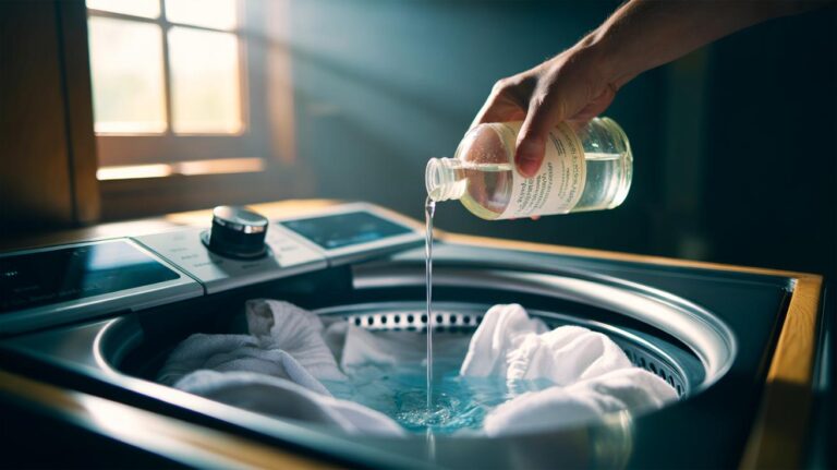 Illustration of a person pouring white distilled vinegar into a washing machine’s softener drawer to revive dingy white laundry during the final rinse cycle