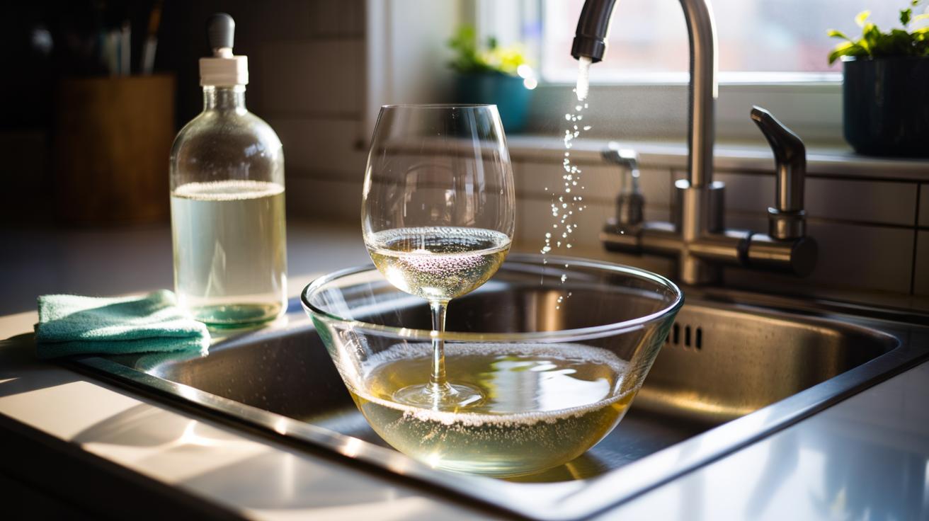 Illustration of cloudy wine and pint glasses soaking in warm white vinegar in a kitchen sink, with a microfibre cloth nearby, as acetic acid dissolves limescale and soap scum to restore crystal clarity