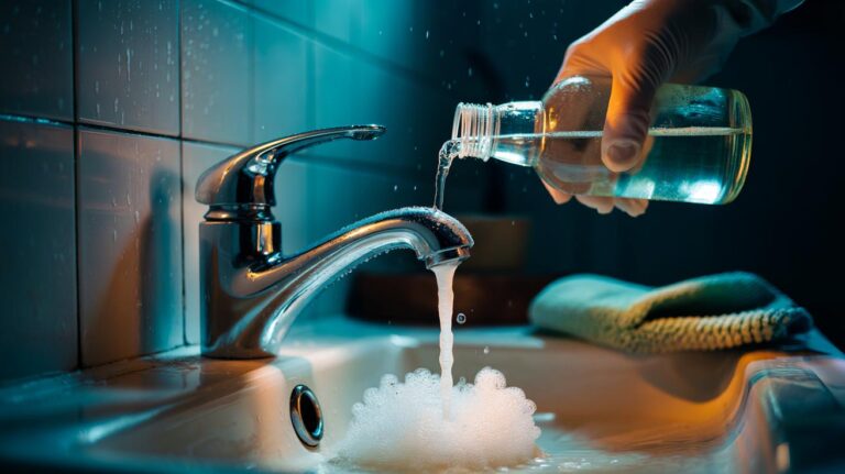 Illustration of vinegar dissolving limescale on a bathroom tap