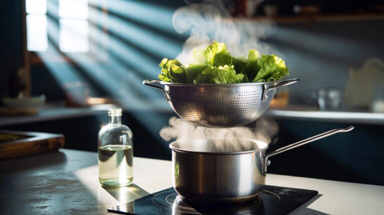 Illustration of wilted lettuce leaves in a colander held above gentle vinegar steam over a saucepan to restore crispness in 2 minutes