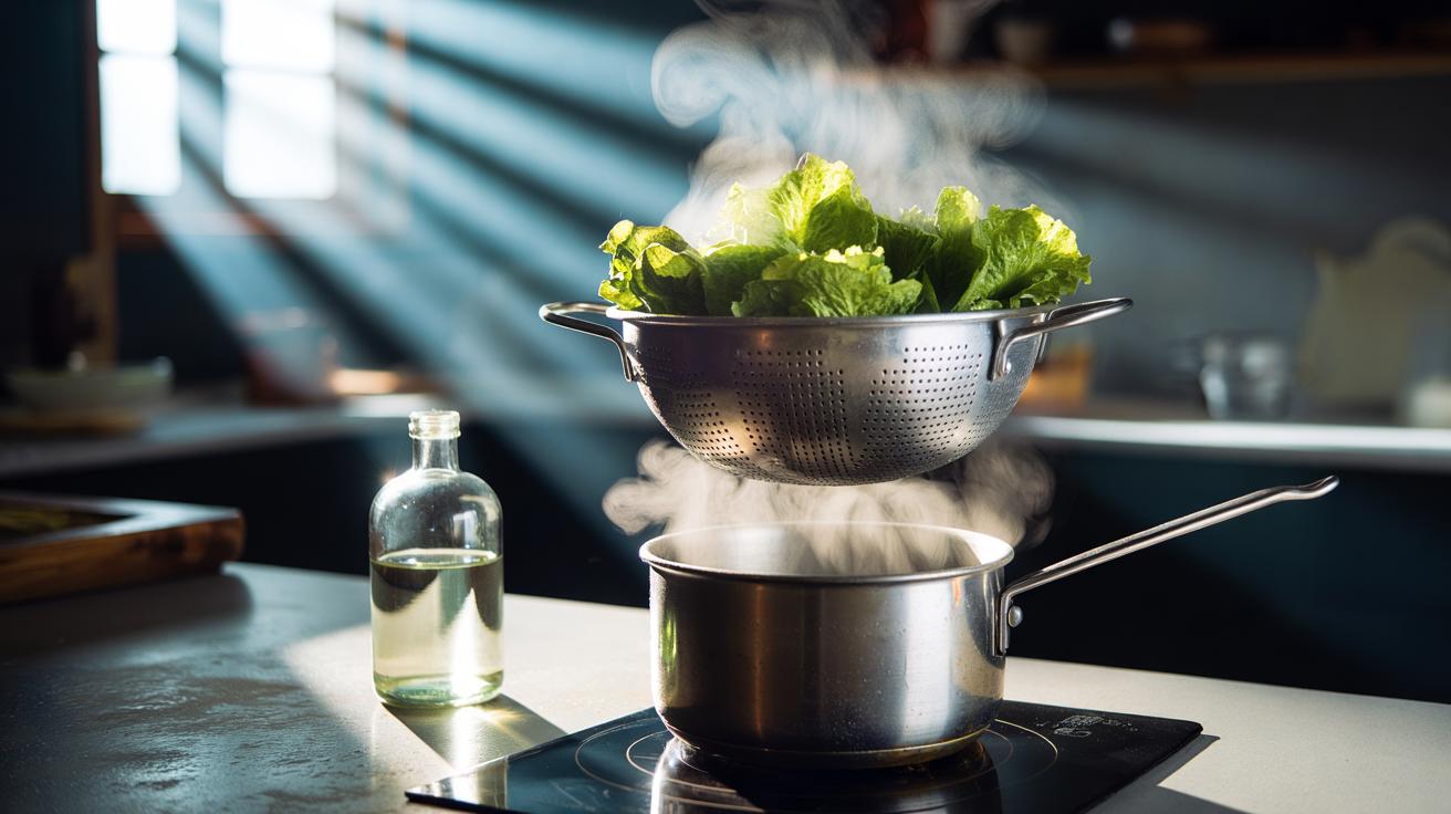 Illustration of wilted lettuce leaves in a colander held above gentle vinegar steam over a saucepan to restore crispness in 2 minutes