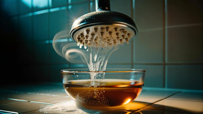 Illustration of vinegar vapor dissolving mineral build-up in hard-to-reach fixtures like showerheads and kettle spouts