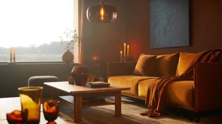Illustration of amber-hued autumn home décor in a cosy living space
