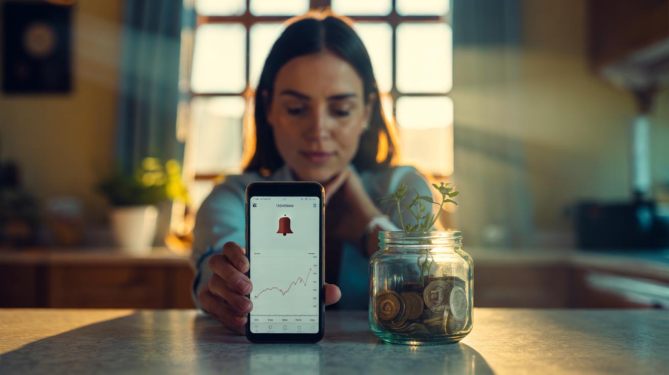 Illustration of a saver silencing finance app alerts and skipping the 60-second balance check to prevent costly impulsive trades